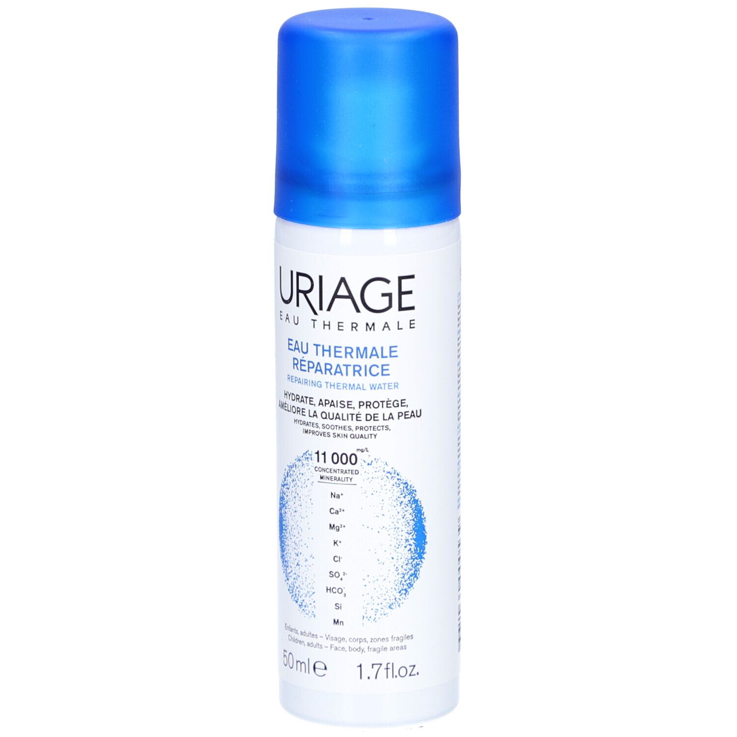 Weiße Sprühflasche mit blauem Deckel. Aufschrift: URIAGE Eau Thermale. Text: Eau Thermale Réparatrice. 50ml, 1.7 fl.oz. Grafik: Mineralien.