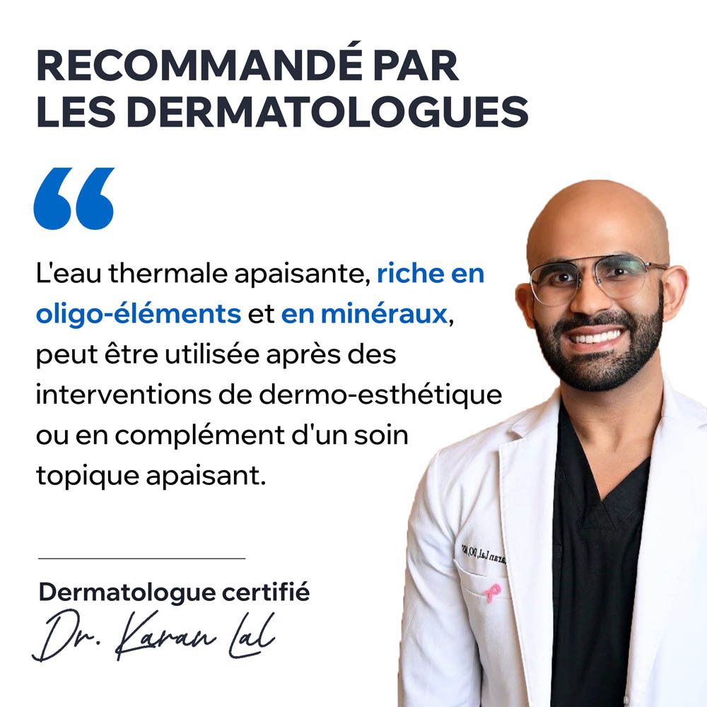 Ein Dermatologe empfiehlt ein beruhigendes Thermalwasser, reich an Spurenelementen und Mineralien.