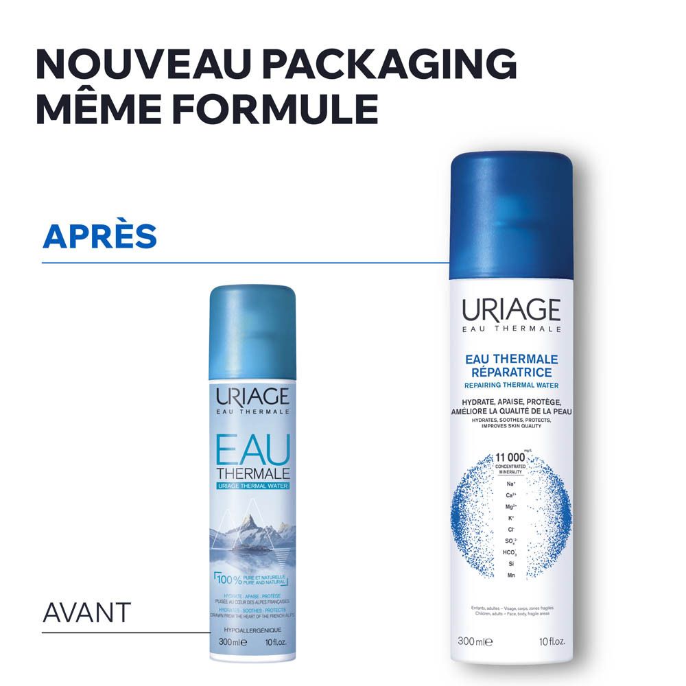 Uriage Eau Thermale Reparatur Spray, 300ml, mit blauem Sprühkopf und weißem Behälter.