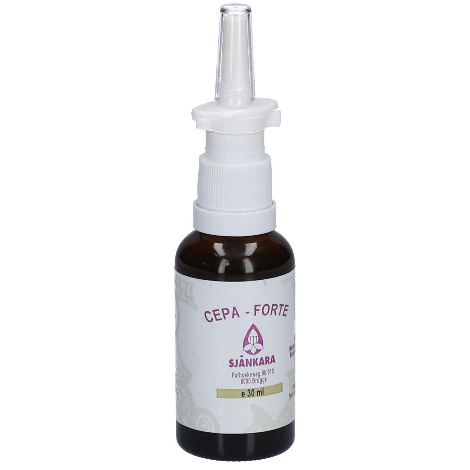 Braune Glasflasche mit Nasenspray-Aufsatz. Aufschrift: CEPA - FORTE, SJANKARA, e 30 ml.