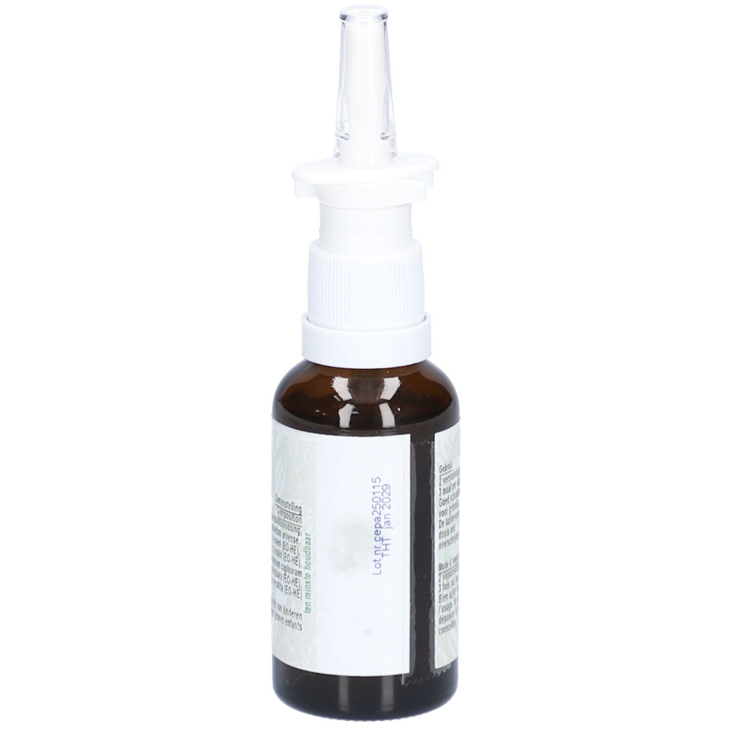 Braune Glasflasche mit Nasenspray-Aufsatz. Etikett mit Text und Haltbarkeitsdatum.