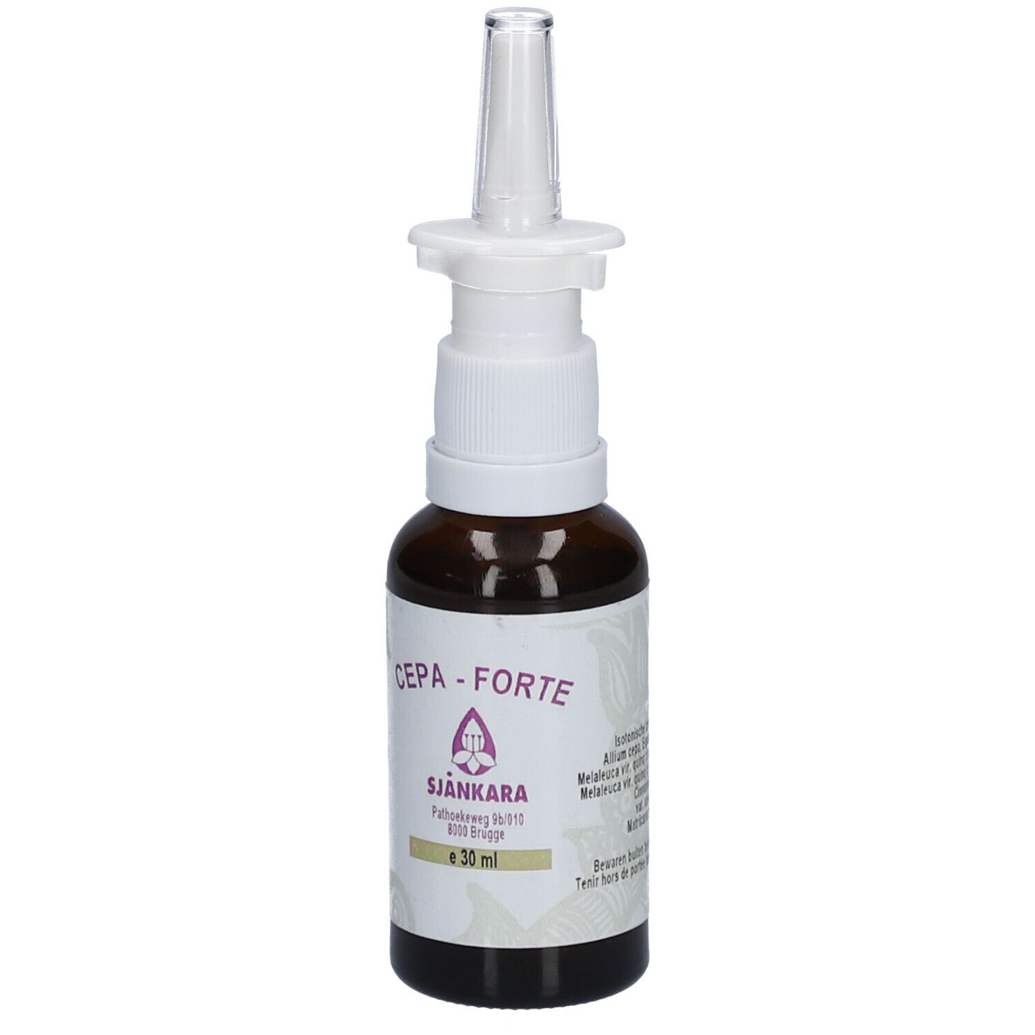 Braune Glasflasche mit Nasenspray-Aufsatz. Aufschrift: CEPA - FORTE, SJANKARA, e 30 ml.