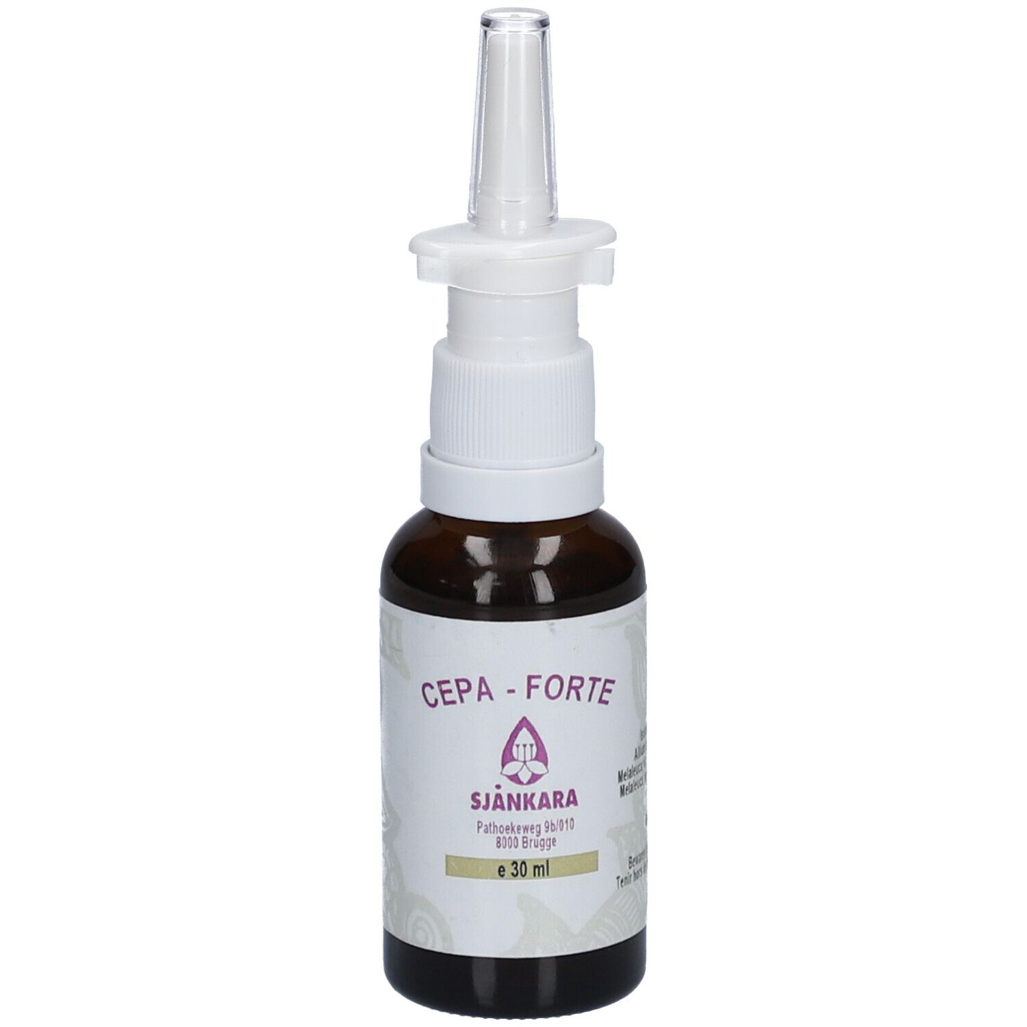 Braune Glasflasche mit Nasenspray-Aufsatz. Aufschrift: CEPA - FORTE, SJANKARA, e 30 ml.