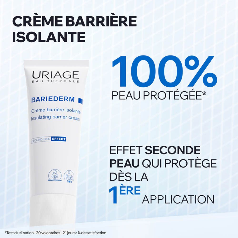 Uriage Bariederm isolierende Barrierecreme in weißer Tube mit blauem Deckel. Text: 100% geschützte Haut.