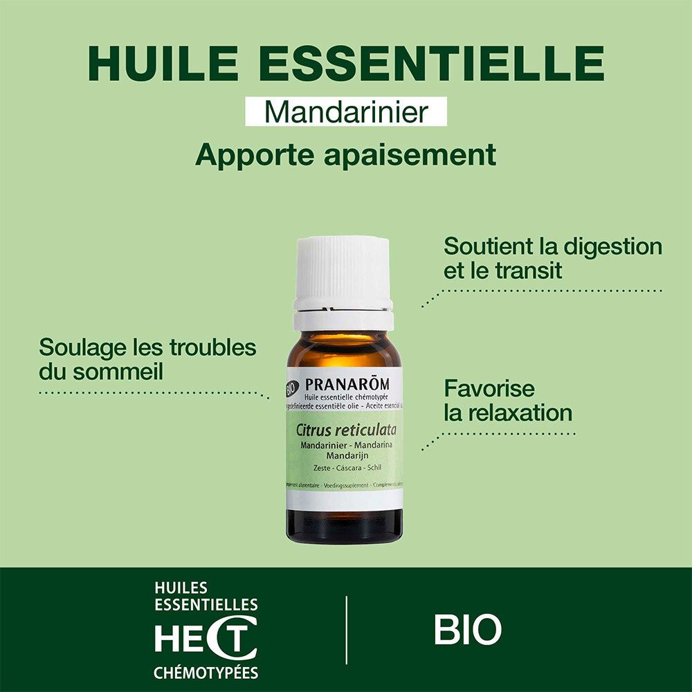 Flacon avec texte: Huile Essentielle Mandariner, favorise le sommeil, la digestion, la relaxation.