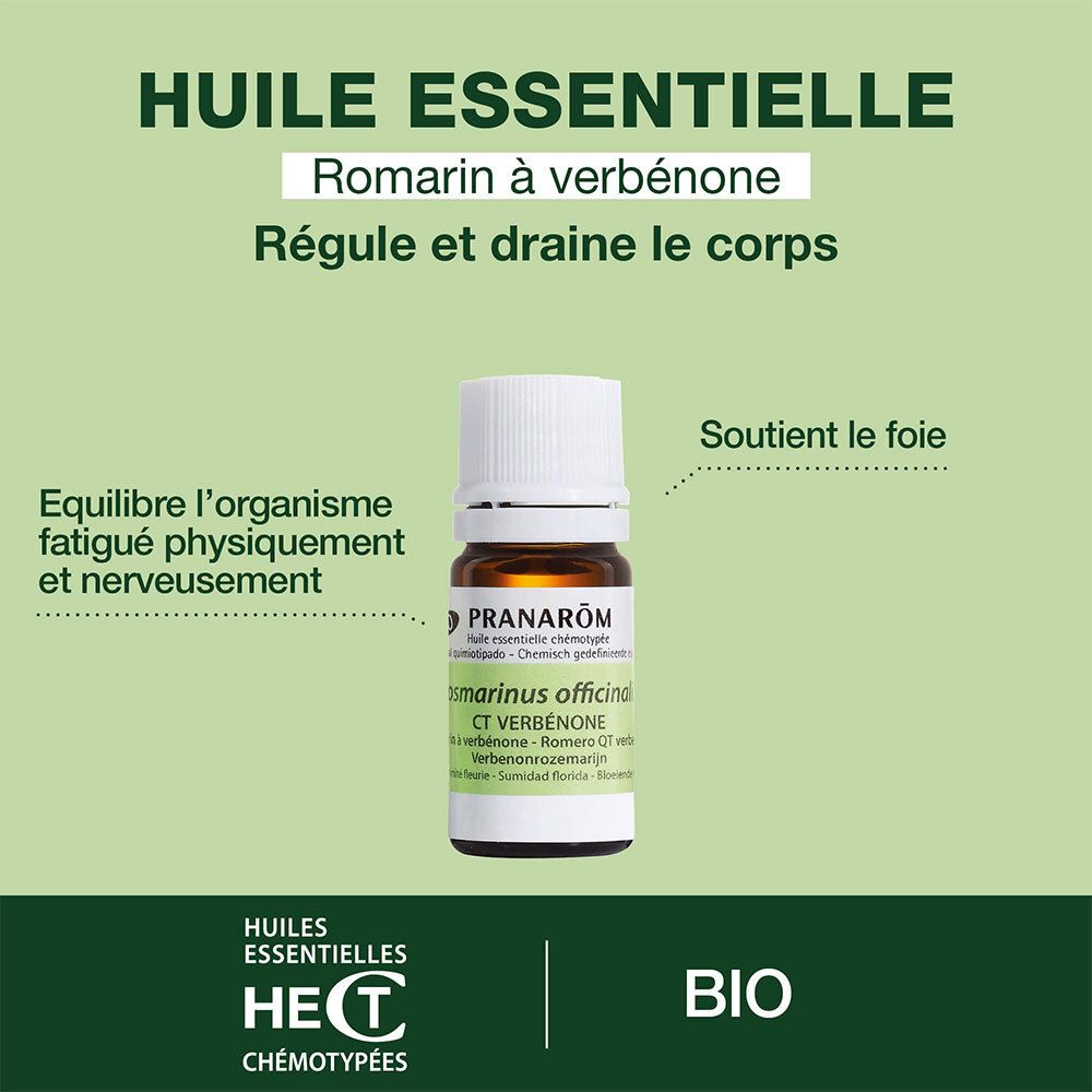 Panneau publicitaire avec flacon. Texte: Huile Essentielle, Romarin à verbénone. Régule et draine le corps.