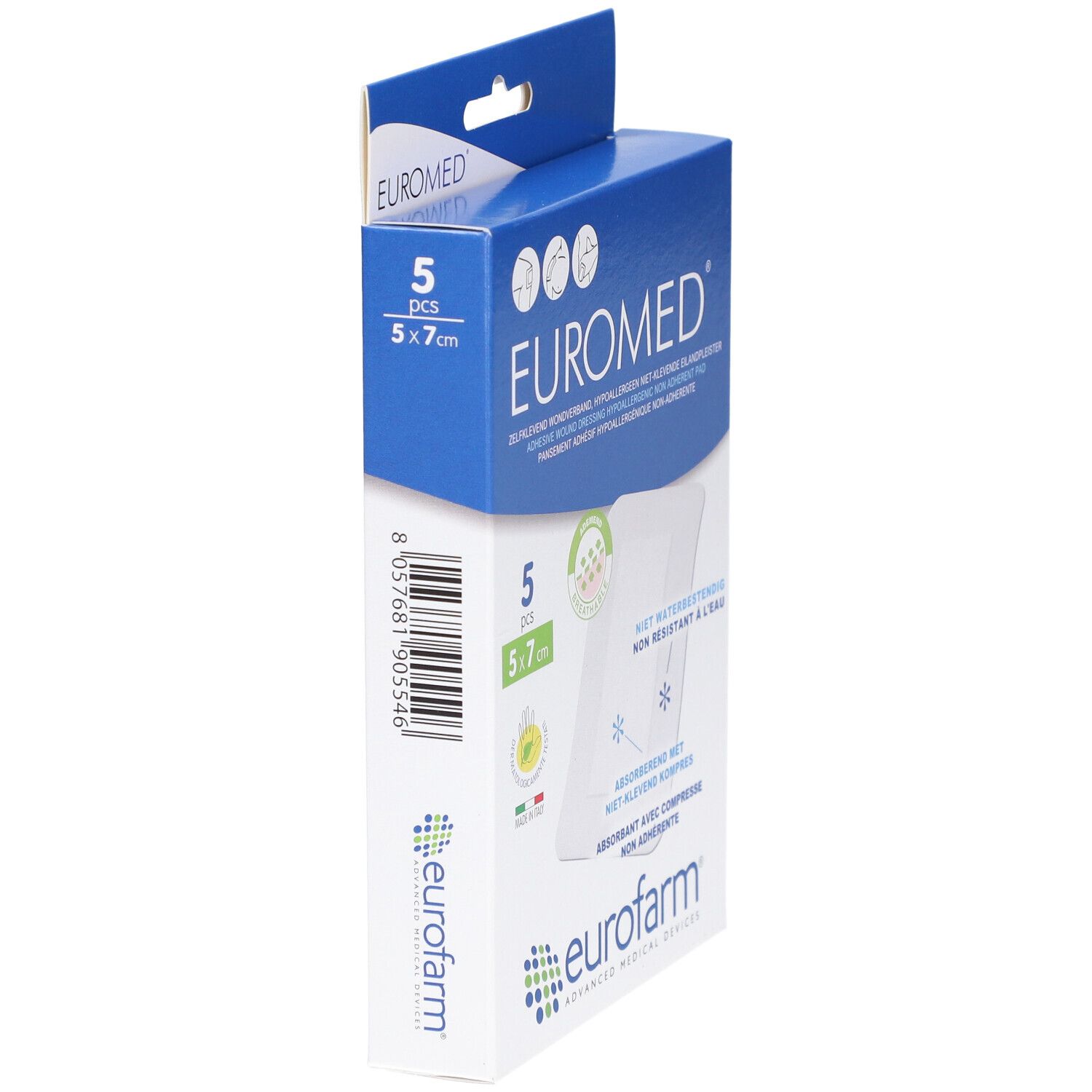 Euromed-Verpackung, Seitenansicht. Enthält 5 Stück, 5x7cm. Hypoallergen, nicht-klebend. Marke Eurofarm.