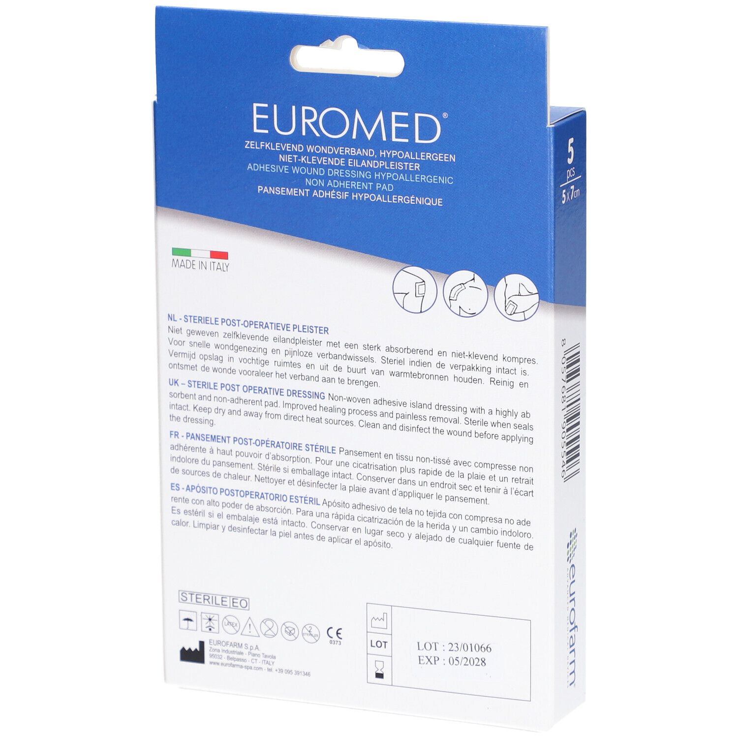 Rückseite der Euromed-Verpackung. Enthält Informationen zu sterilen postoperativen Verbänden. Hergestellt in Italien.