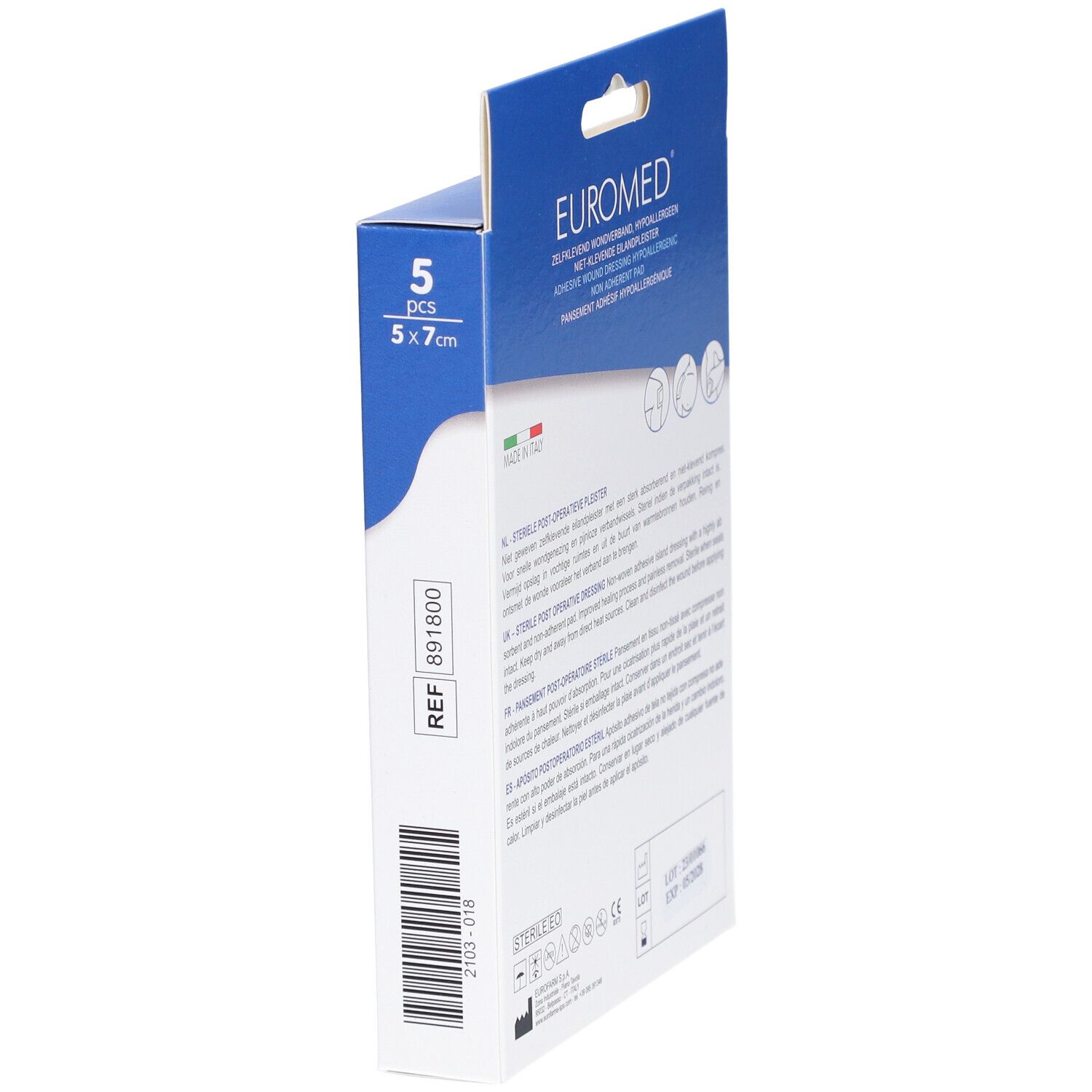 Euromed-Verpackung, Seitenansicht. Enthält 5 Stück, 5x7cm. Referenznummer und Chargennummer sichtbar.
