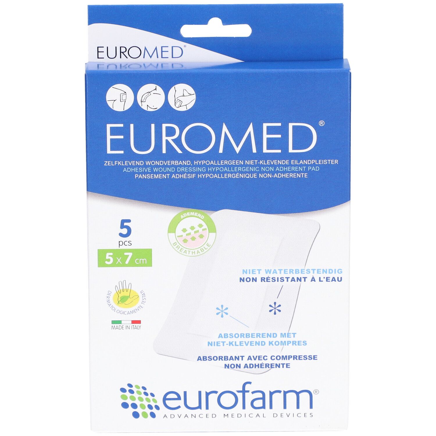 Euromed-Verpackung mit 5 Stück, 5x7cm. Hypoallergen, nicht-klebend. Marke Eurofarm. Atmungsaktiv.