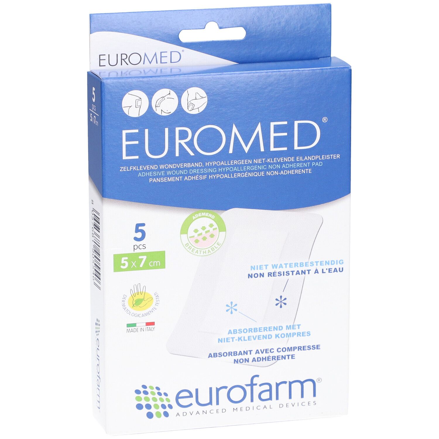 Euromed-Verpackung mit 5 Stück, 5x7cm. Hypoallergen, nicht-klebend. Marke Eurofarm. Atmungsaktiv.