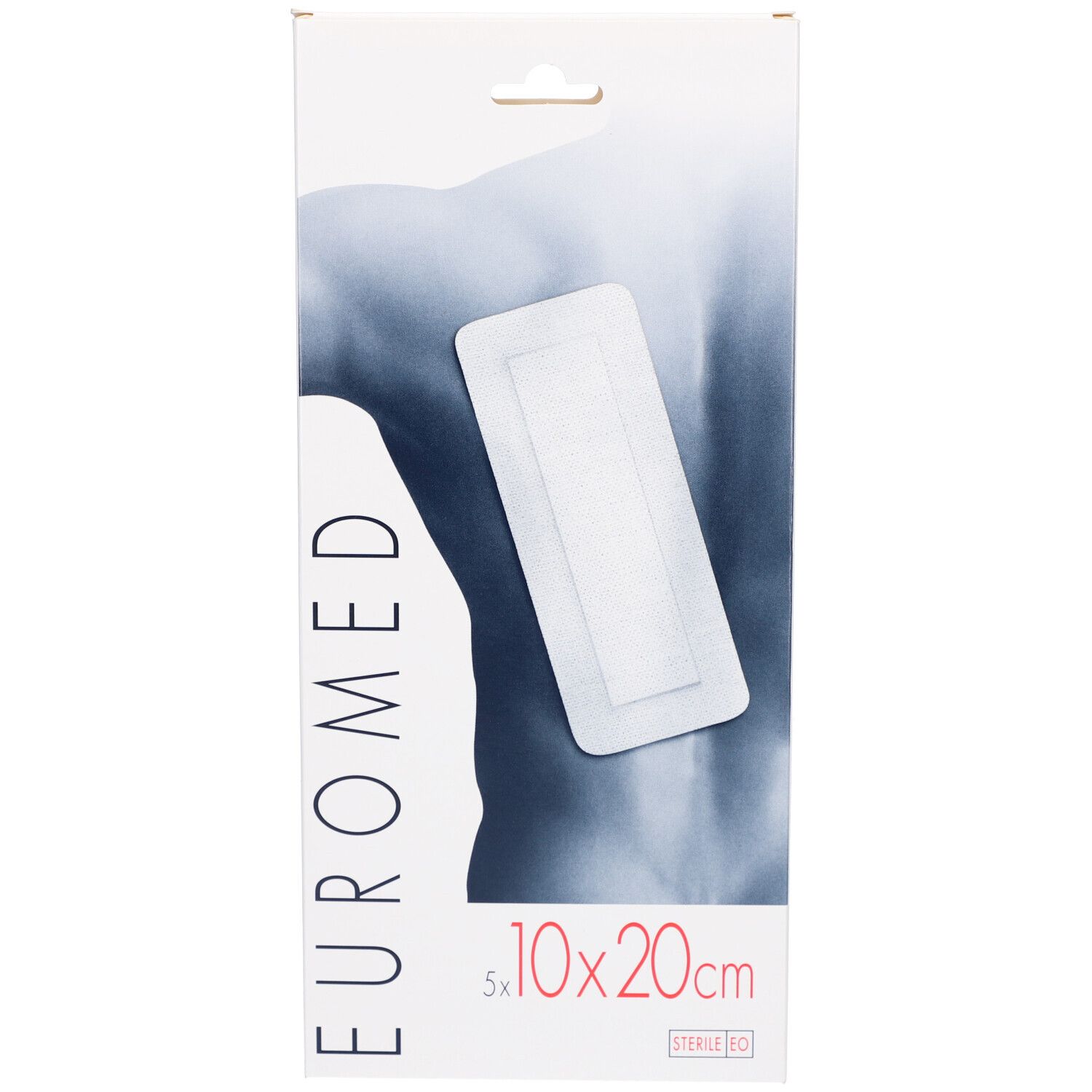 Verpackung mit Pflaster. Aufdruck: EUROMED, 10x20cm. Sterile EO-Kennzeichnung. Hintergrund: Abbildung eines Rückens.