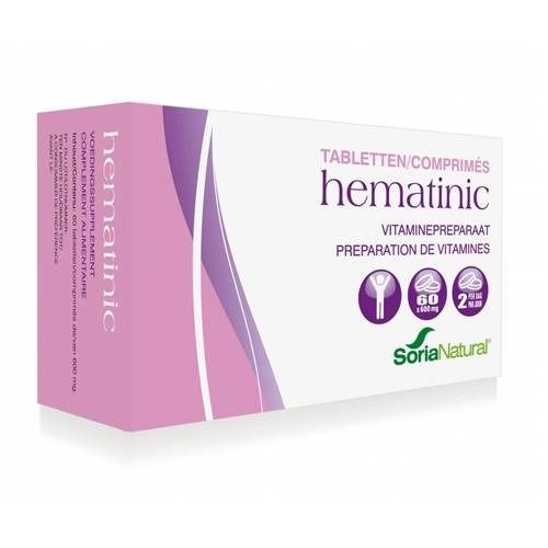 Verpackung mit Tabletten. Aufschrift "hematinic". Enthält 60 Tabletten. Marke Soria Natural.