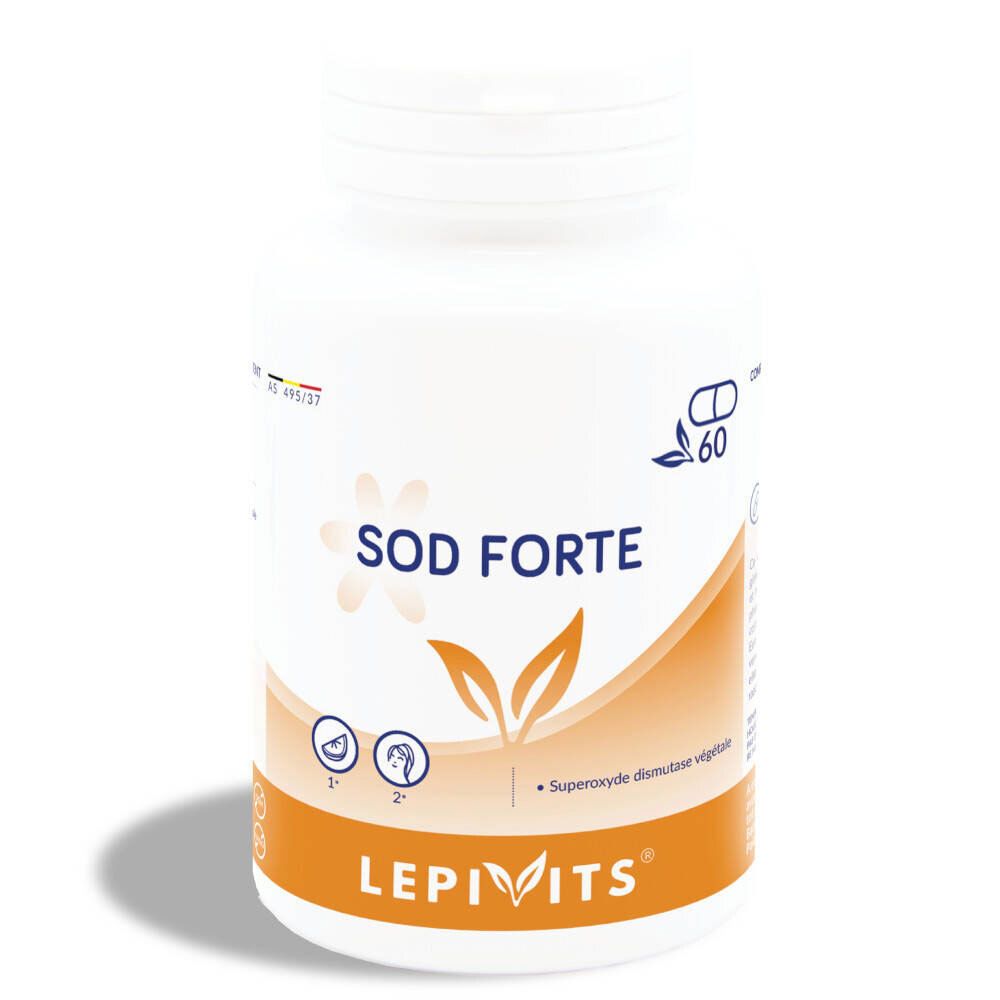 Flacon blanc de gélules SOD Forte. Bande orange avec logo LEPIVITS. 60 gélules.