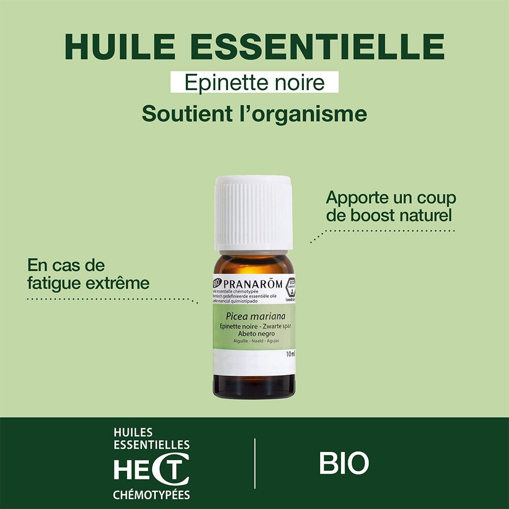 Flacon brun avec bouchon blanc. Inscription : Huile Essentielle, Epinette noire. Label Bio. Soutient l'organisme.