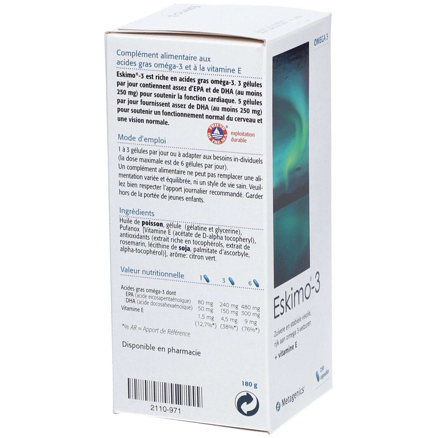 Eskimo-3-Schachtel. Aufschrift: Omega 3, 250 Kapseln. Enthält Omega-3-Fettsäuren und Vitamin E. Hintergrund: Nordlichter.