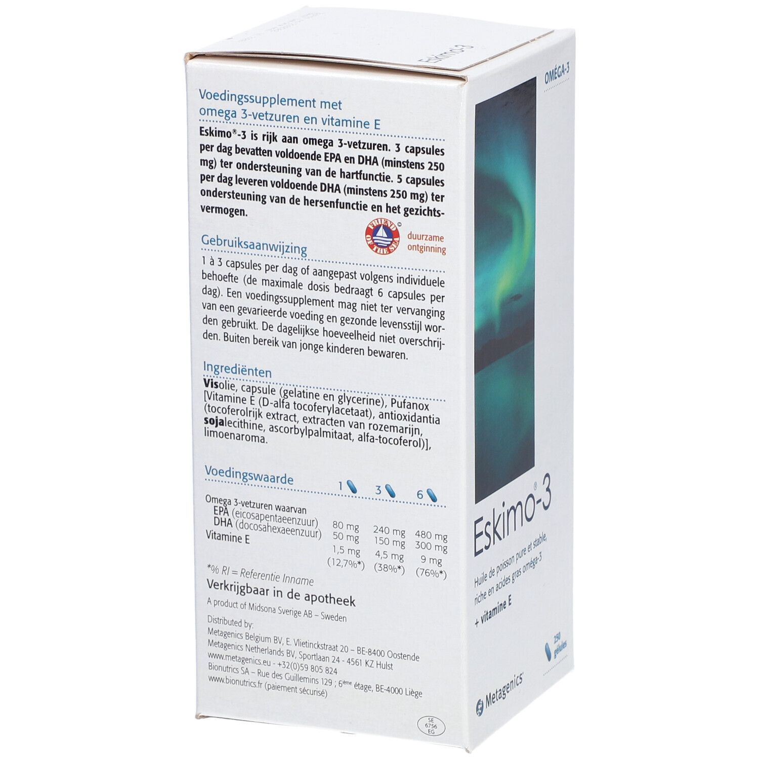 Eskimo-3-Schachtel. Aufschrift: Omega 3, 250 Kapseln. Enthält Omega-3-Fettsäuren und Vitamin E. Hintergrund: Nordlichter.