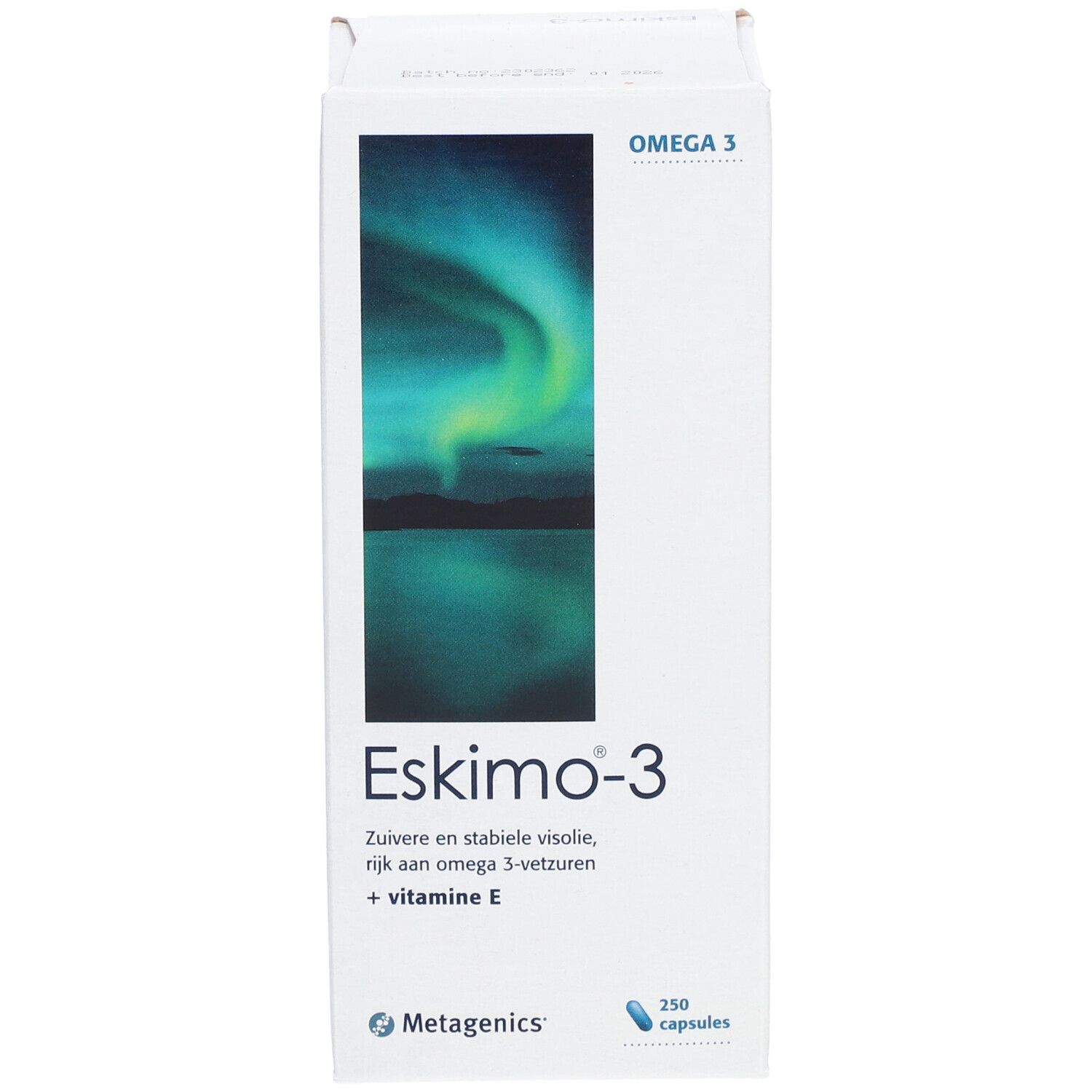 Eskimo-3-Schachtel. Aufschrift: Omega 3, 250 Kapseln. Enthält Omega-3-Fettsäuren und Vitamin E. Hintergrund: Nordlichter.