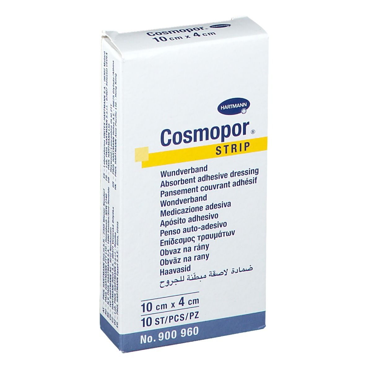 Verpackung mit Cosmopor Strip. Aufdruck: 10 cm x 4 cm, 10 Stück. Hersteller: Hartmann.