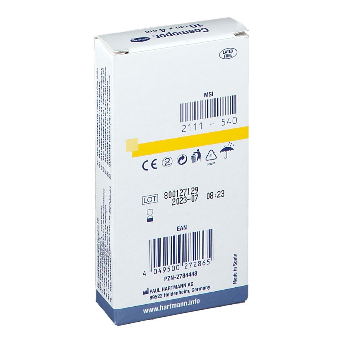 Rückseite der Cosmopor Strip Verpackung. Informationen zu Chargennummer, Verfallsdatum und Hersteller.