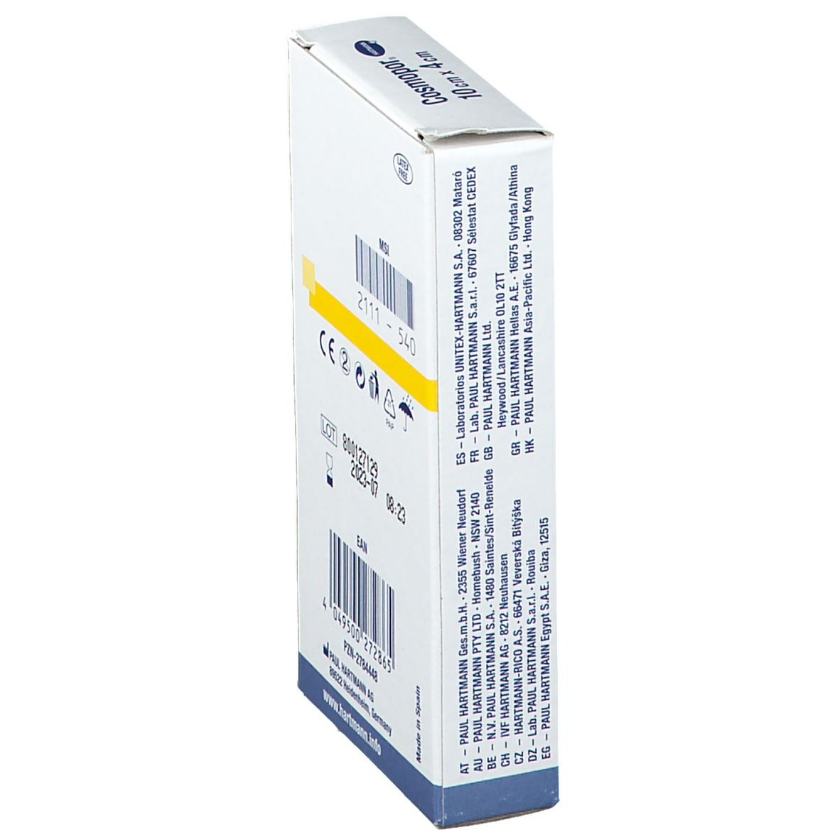 Schrägansicht der Rückseite der Cosmopor Strip Verpackung. Informationen zu Chargennummer, Verfallsdatum und Hersteller.