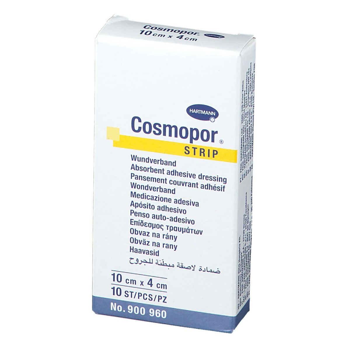 Verpackung mit Cosmopor Strip. Aufdruck: 10 cm x 4 cm, 10 Stück. Hersteller: Hartmann.