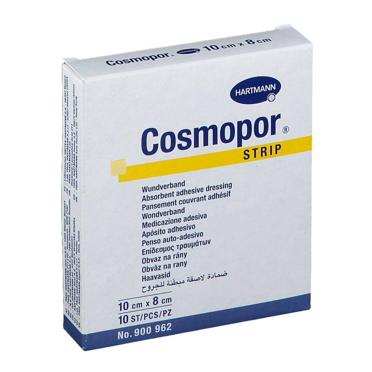 Verpackung von Cosmopor® Strip Wundpflaster. Weißer Karton mit blauer und gelber Schrift. Enthält 10 Stück. Maße: 10 cm x 8 cm.