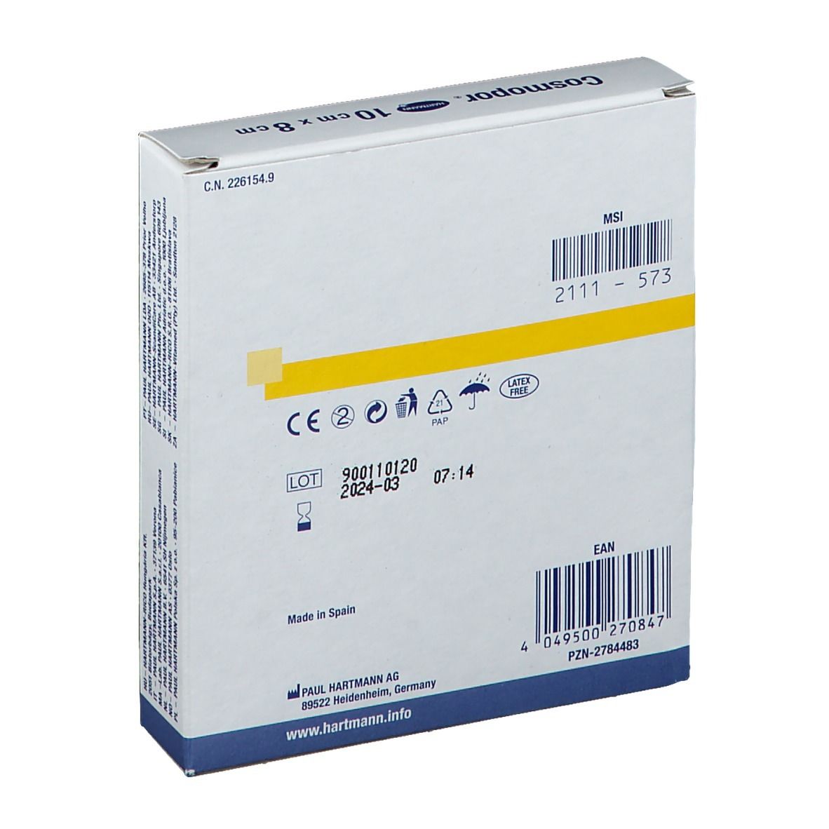 Rückseite der Cosmopor® Strip Wundpflaster Verpackung. Enthält Informationen wie Chargennummer, Verfallsdatum und EAN-Code.