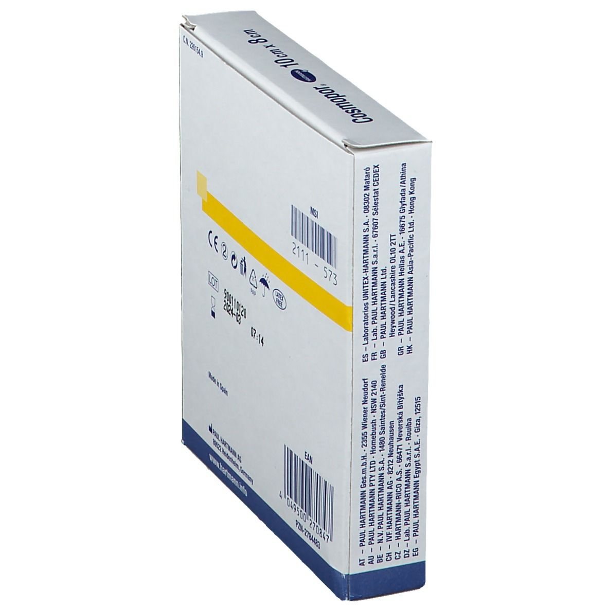 Schräg gestellte Rückseite der Cosmopor® Strip Wundpflaster Verpackung. Enthält Informationen wie Chargennummer und Verfallsdatum.