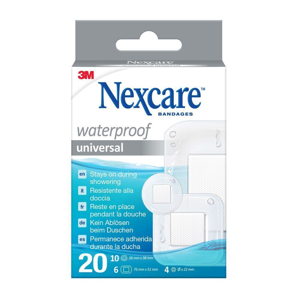 Nexcare pansements universels waterproof. Boîte de 20 pansements, 10 x 38x38mm, 6 x 76x51mm, 4 x 22x22mm.