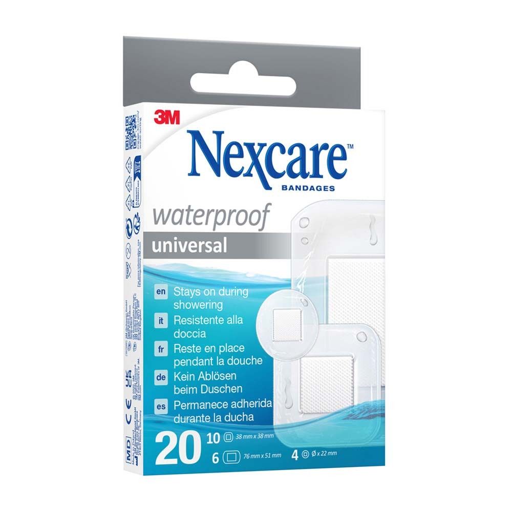 Seite der Nexcare Pflaster-Box. Enthält Informationen, QR-Code, und Zertifizierungen.