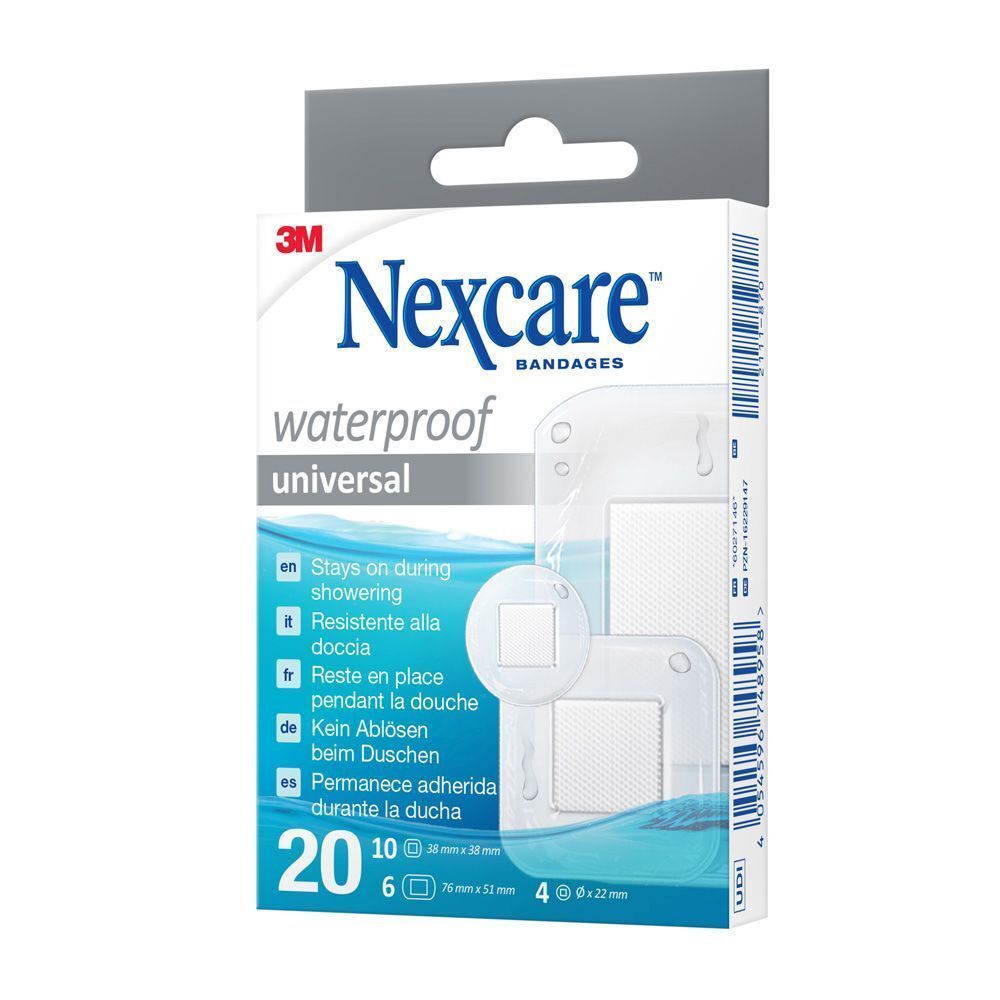 Nexcare pansements universels waterproof. Boîte de 20 pansements, 10 x 38x38mm, 6 x 76x51mm, 4 x 22x22mm.