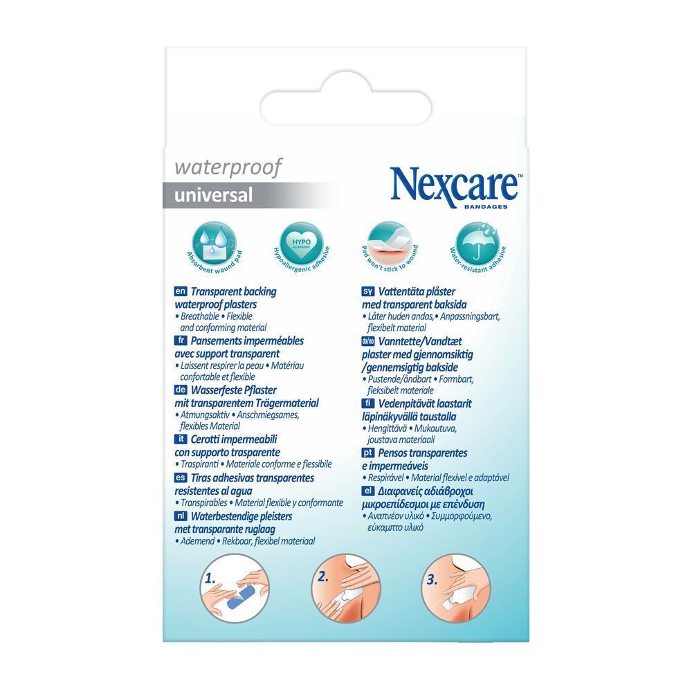 Nexcare pansements universels waterproof. Boîte de 20 pansements, 10 x 38x38mm, 6 x 76x51mm, 4 x 22x22mm.