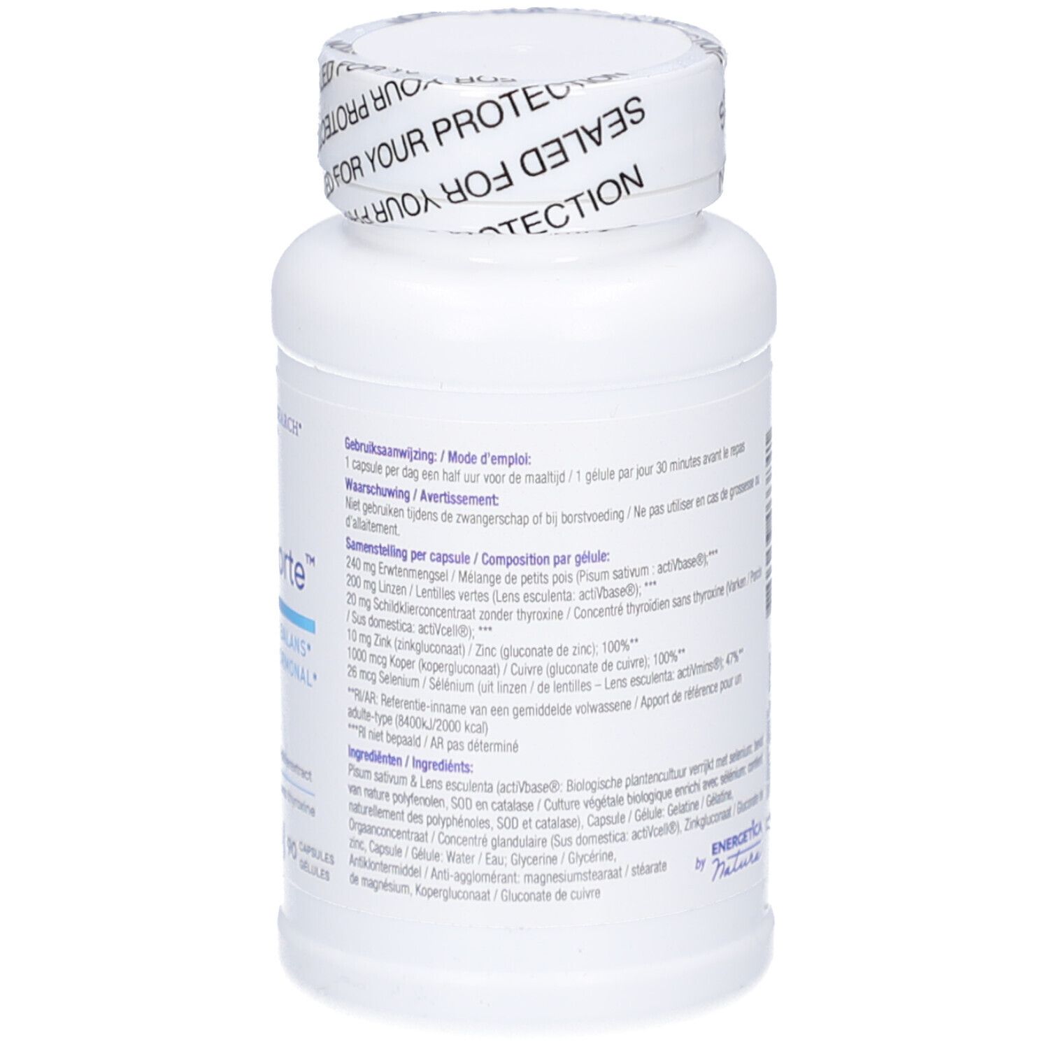 Weiße Flasche mit Kapseln. Aufschrift: GTA-Forte, Voedingssupplement, Biotics Research. 90 Kapseln. Siegel auf dem Deckel.