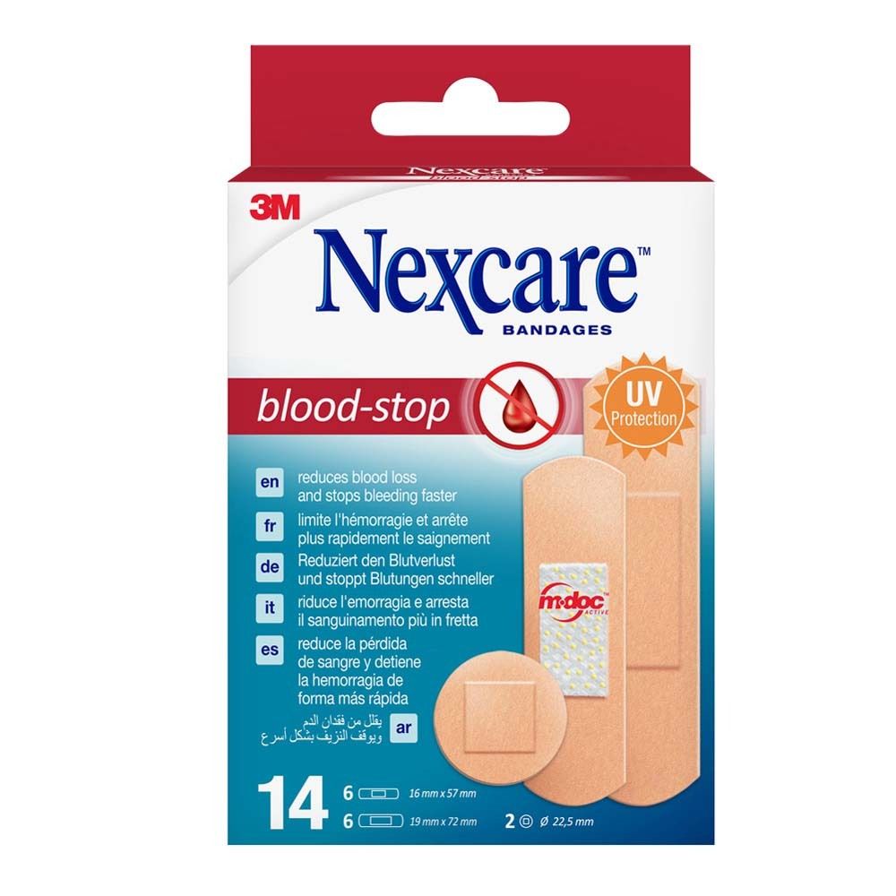 Verpackung Nexcare blood-stop Pflaster. Enthält 14 Pflaster, verschiedene Größen. Mit UV-Schutz.