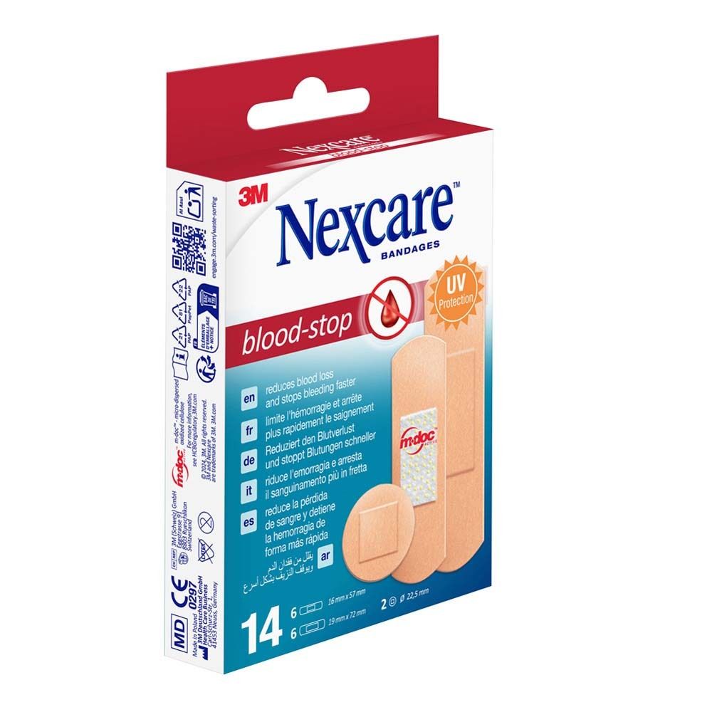 Verpackung Nexcare blood-stop Pflaster. Enthält 14 Pflaster, verschiedene Größen. Mit UV-Schutz.