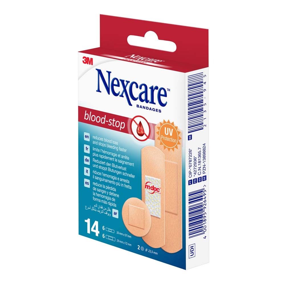 Verpackung Nexcare blood-stop Pflaster. Enthält 14 Pflaster, verschiedene Größen. Mit UV-Schutz.