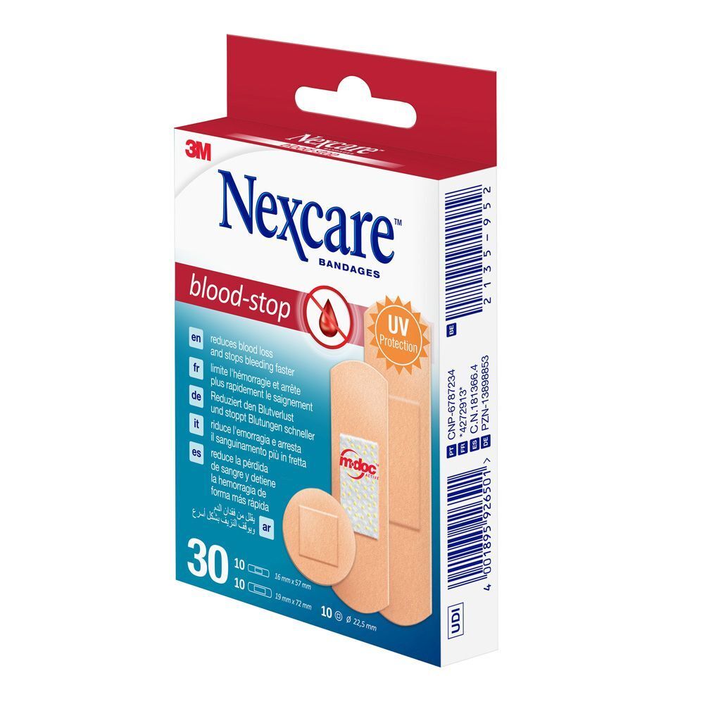 Boîte de pansements Nexcare Blood-stop. 30 pansements, 3 tailles. Protection UV. Inscription : blood-stop.