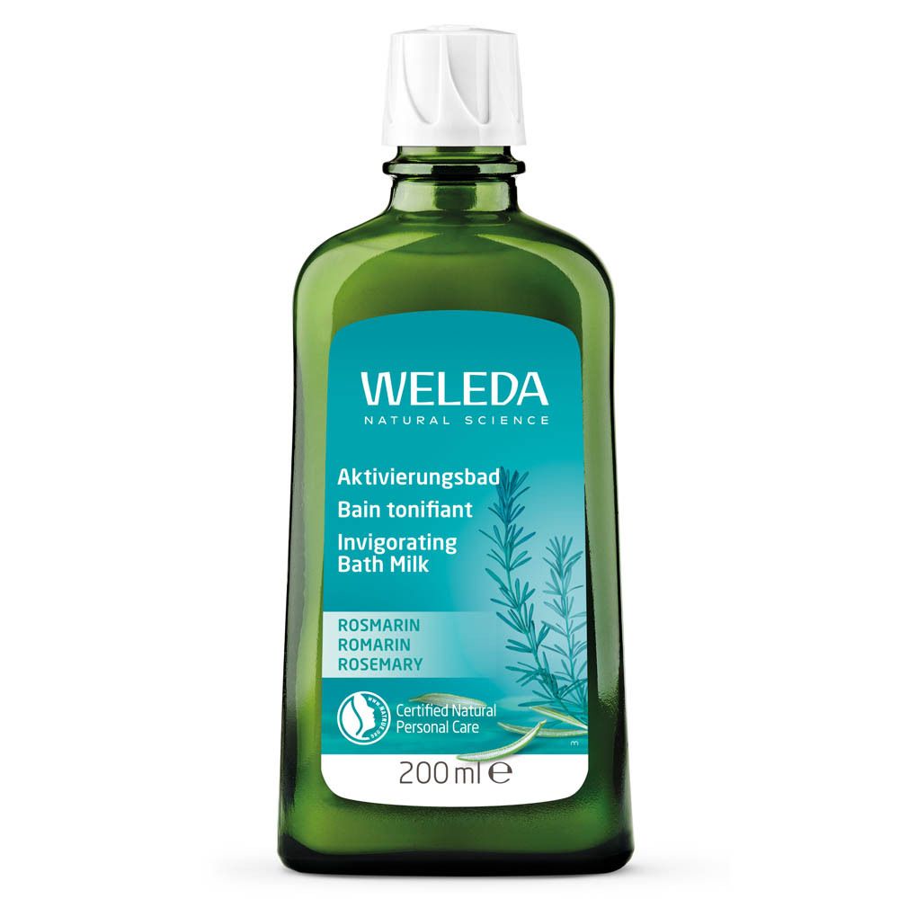Grüne Glasflasche mit weißem Deckel. Produktname und Logo. Enthält 200ml. Zertifiziert.