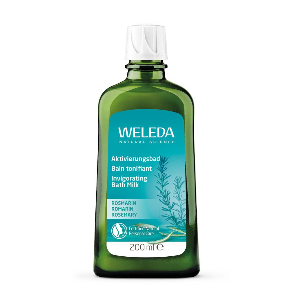 Flacon en verre vert avec bouchon blanc. Inscription: WELEDA, Bain tonifiant, Invigorating Bath Milk. 200ml.
