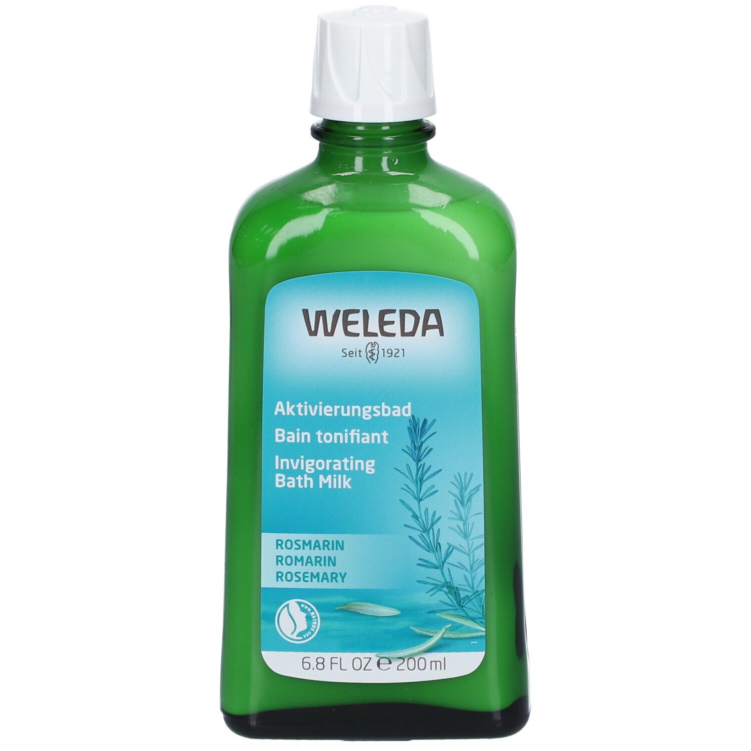 Grüne Glasflasche mit weißem Deckel. Aufschrift: WELEDA, Aktivierungsbad, Invigorating Bath Milk. Rosmarin-Illustration.