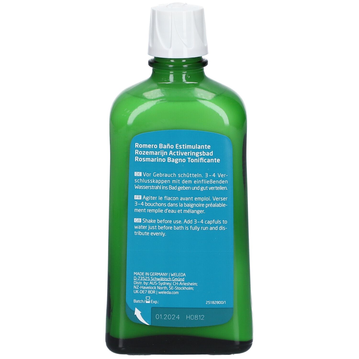 Rückseite der grünen Glasflasche. Text in mehreren Sprachen. Aufschrift: WELEDA, Aktivierungsbad. Haltbarkeitsdatum.