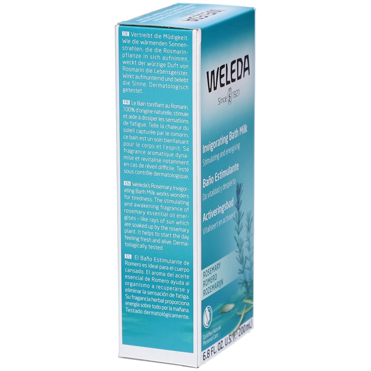 Kartonverpackung. Aufschrift: WELEDA, Aktivierungsbad, Invigorating Bath Milk. Rosmarin-Illustration. Text in mehreren Sprachen.