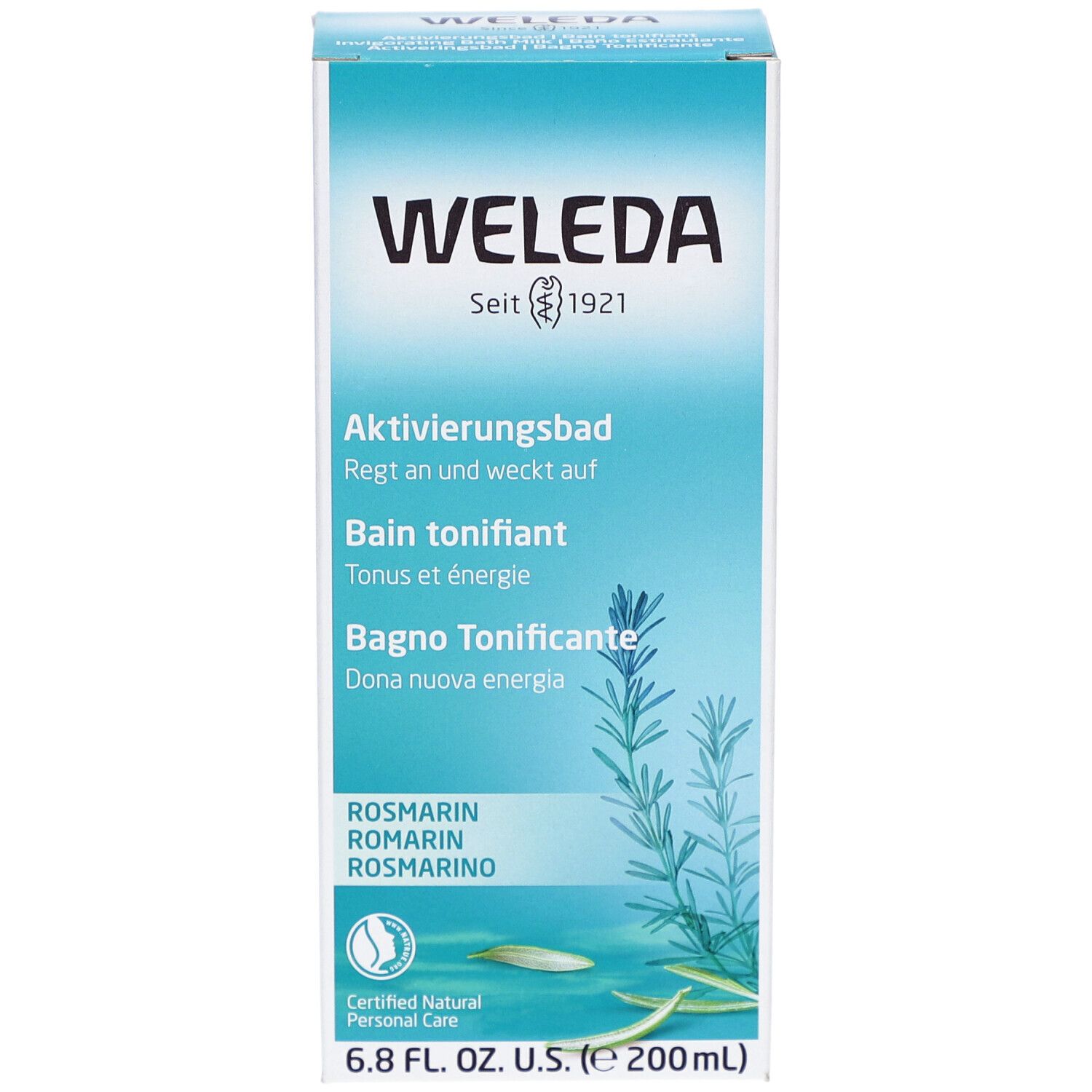 Kartonverpackung. Aufschrift: WELEDA, Aktivierungsbad. Rosmarin-Illustration. Text in mehreren Sprachen. Zertifizierungen.
