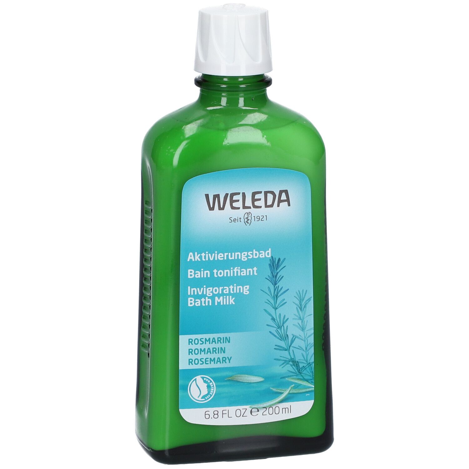 Grüne Glasflasche mit weißem Deckel. Aufschrift: WELEDA, Aktivierungsbad, Invigorating Bath Milk. Rosmarin-Illustration.