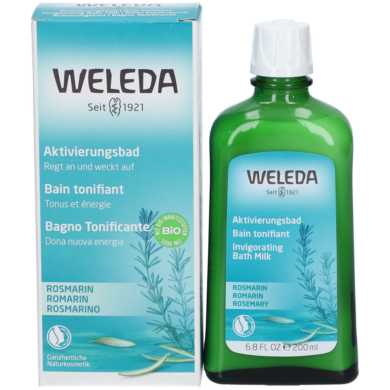Produktflasche und Kartonverpackung. Aufschrift: WELEDA, Aktivierungsbad. Rosmarin-Illustration. Bio-Siegel.
