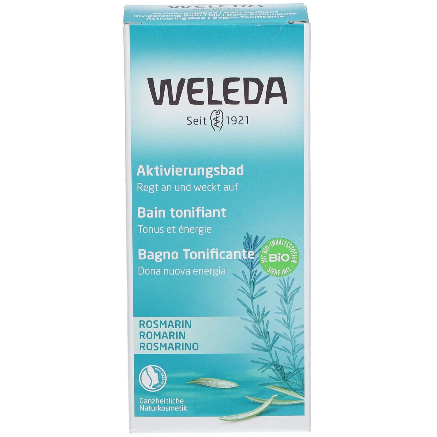 Kartonverpackung. Aufschrift: WELEDA, Aktivierungsbad. Rosmarin-Illustration. Bio-Siegel.