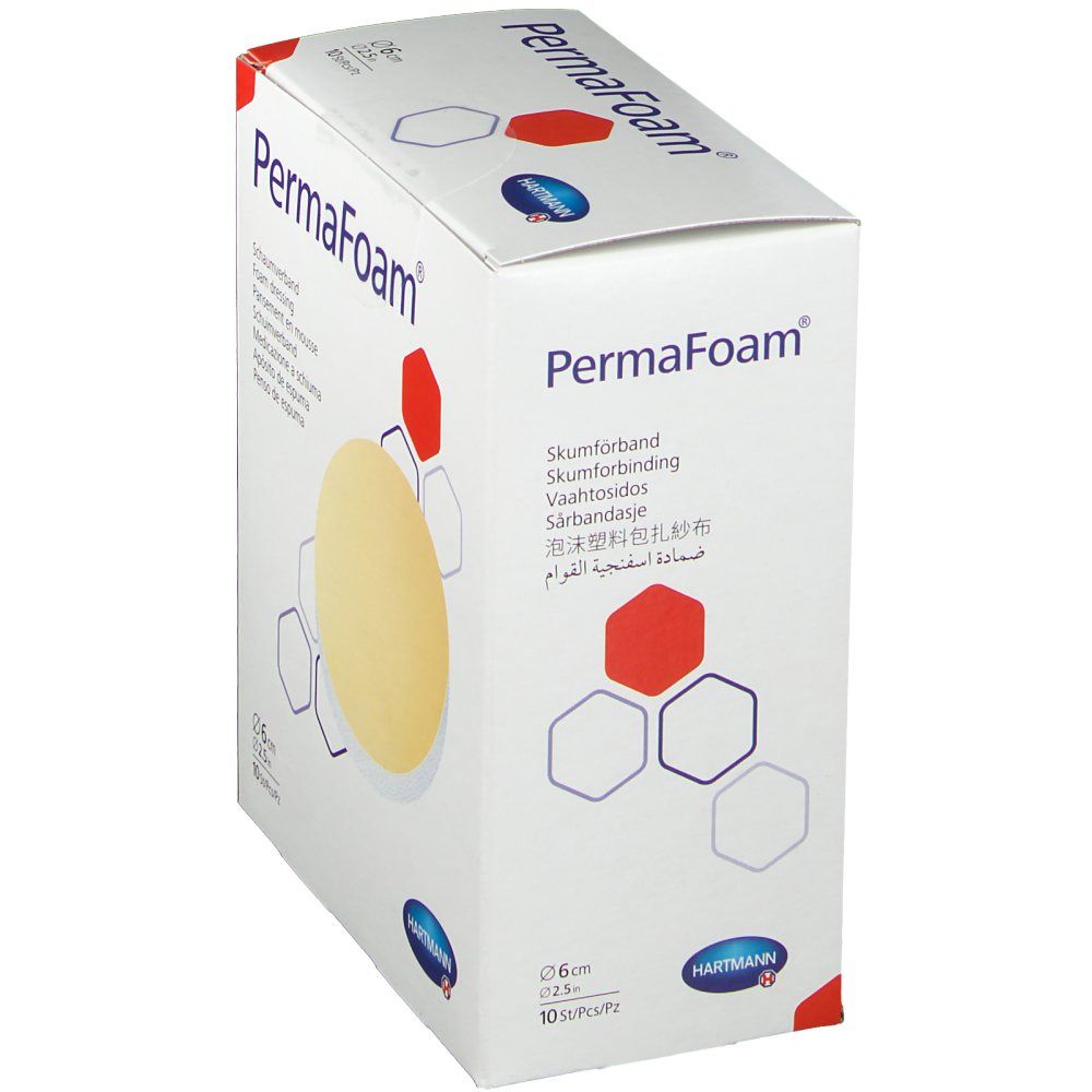 Boîte de pansements PermaFoam®. Pansements ronds beiges. Diamètre 6 cm, 10 pièces par paquet. Logo Hartmann.