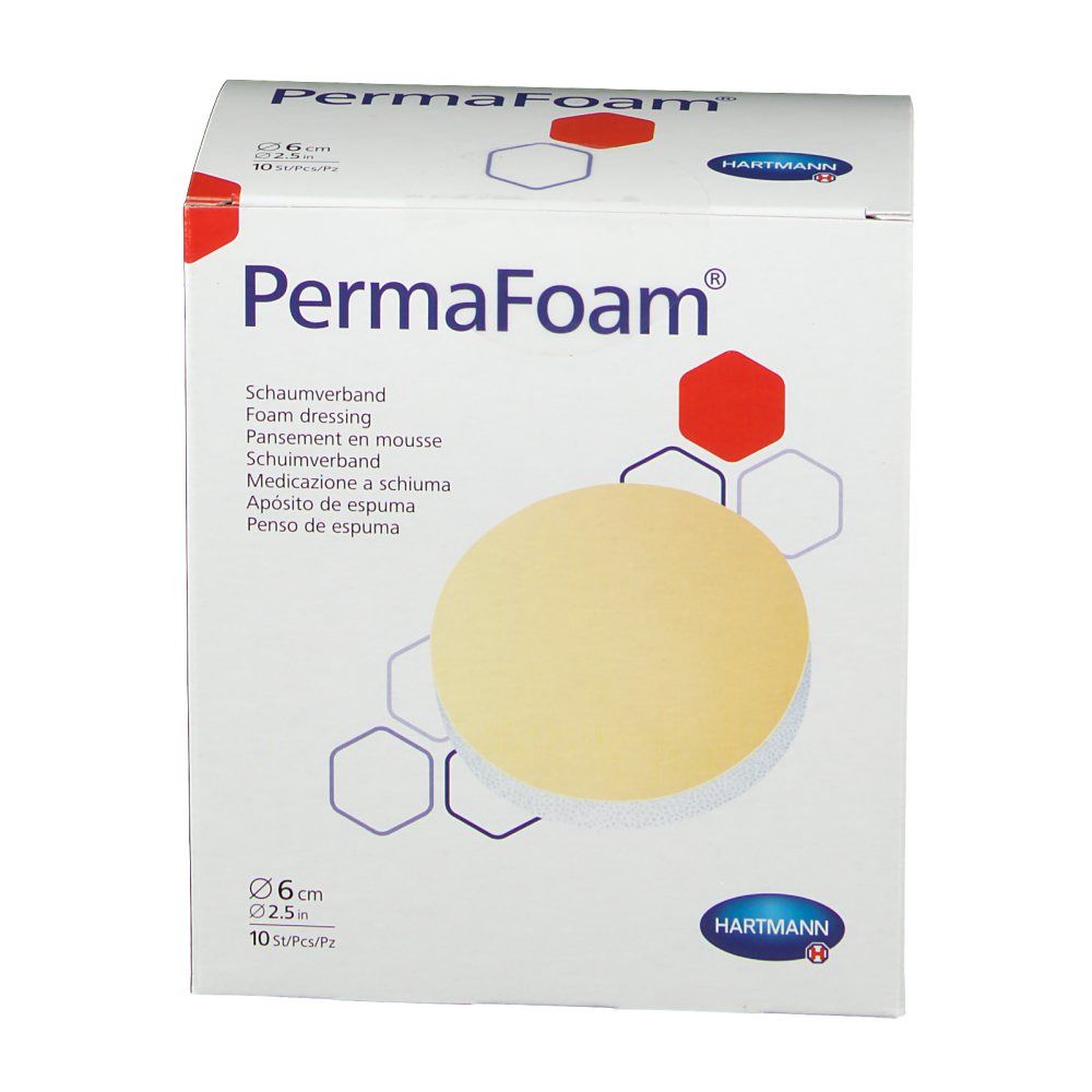 Boîte PermaFoam®. Nom du produit, pansements ronds, diamètre 6 cm, 10 pièces. Logo Hartmann.