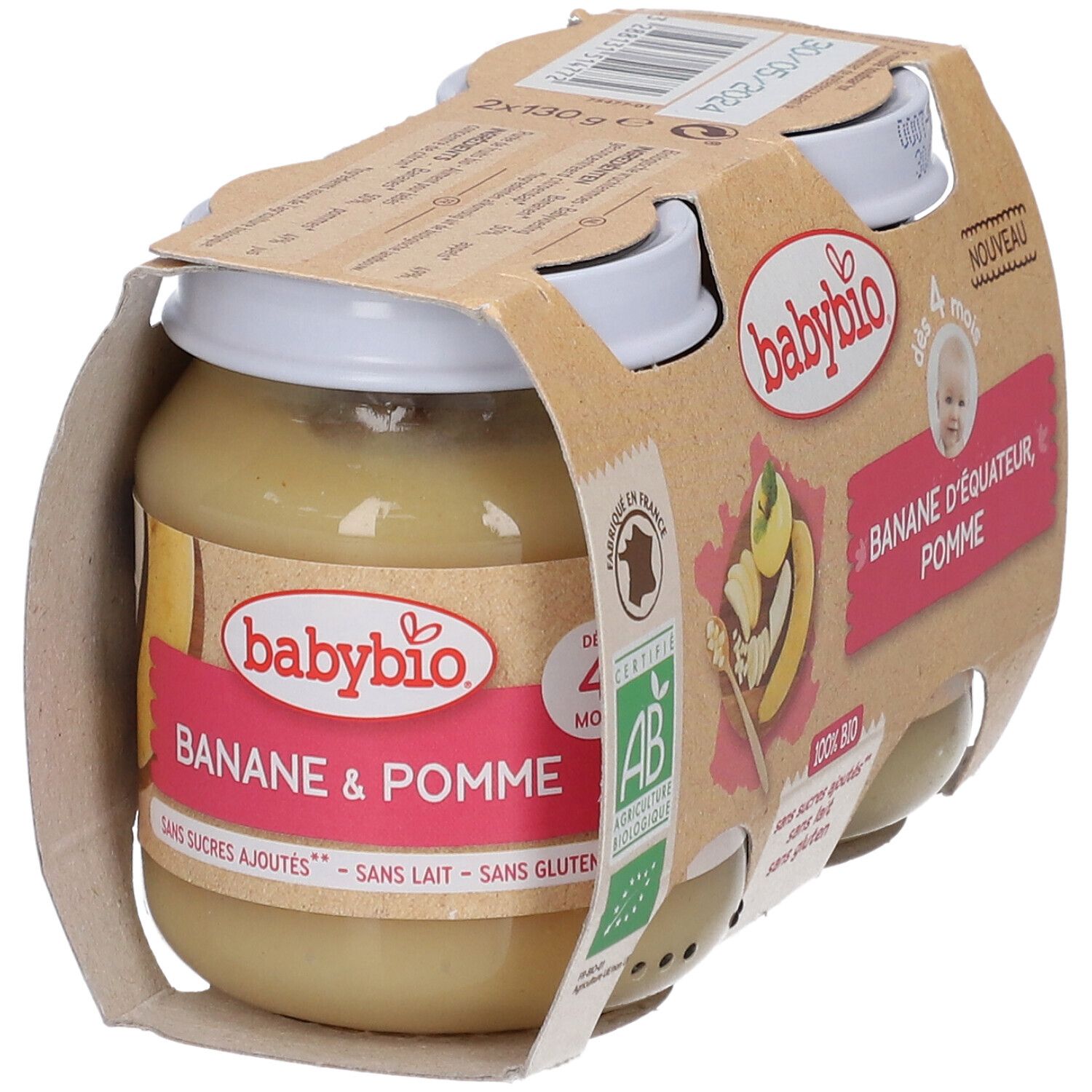 Babybio, purée banane pomme, 4 mois. Pack de 2 pots. Label AB bio. Inscription: 100% BIO. Sans sucres ajoutés, sans lait, sans gluten.